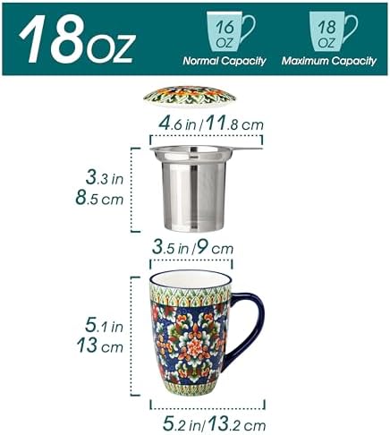vancasso Ceramic Tea Mug with Infuser and Lid, 18 Ounce Bohemian Loose Leaf Cup, Microwave & Dishwasher Safe, Perfect for Tea, Coffee, Sage-Scarlet Floral - Image 2