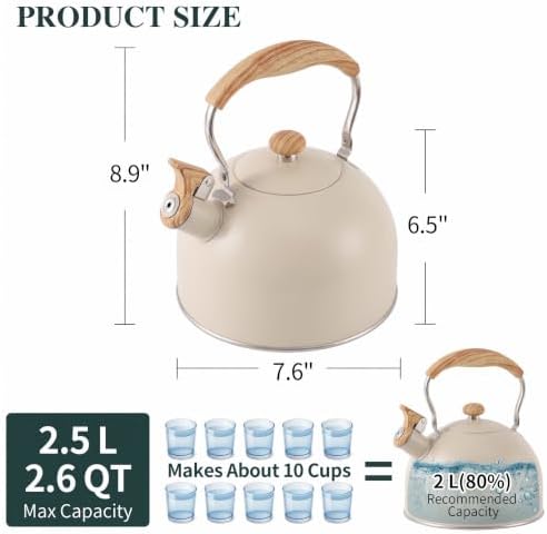 Tea Kettle for Stove Top, 2.5 Quart Whistling Tea Kettle, Stainless Steel and Wood Pattern Folding Handle, Beige - Image 7