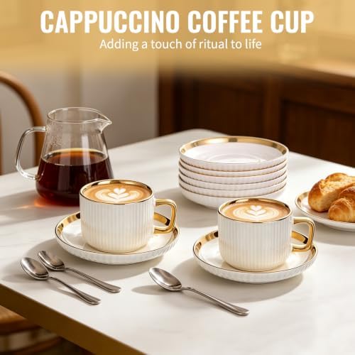 8.5oz Cappuccino Cups with Saucers Set of 6, Ceramic Coffee Cup and Saucer with Gold Rim, Vertical Ribbed Latte Mugs, White Porcelain Tea Cup Set for Wedding, Cafe, Party & Daily Use - Image 7