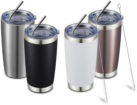 COMOOO 20oz Tumbler with Straw Stainless Steel Insulated Coffee Tumbler Cups Double Wall Vacuum Travel Coffee Mug with Splash Proof Sliding Lid for Hot Cold Drinks (Mix Color,4 Pack) by COMOOO