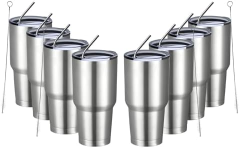 MEWAY 30oz Insulated Tumbler With Lids and Straws,Stainless Steel Double Vacuum Coffee Tumbler Cup, Brush, Durable Powder Coated Coffee Cup for Cold & Hot Drinks, Office, Travel(Silver,8 PACK) by MEWAY