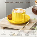 8 Ounce Cappuccino Cups Set of 4, Latte Mugs with Saucers and Spoons, Yellow Ceramic Coffee Mugs Tea Cups for Cappuccino Latte Mocha Au Lait Macchiato Cafe - Image 6