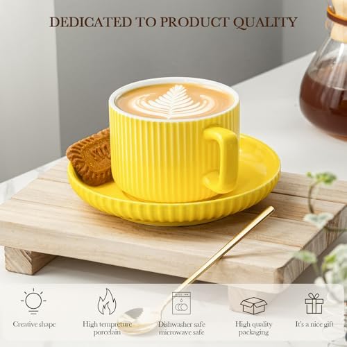 8 Ounce Cappuccino Cups Set of 4, Latte Mugs with Saucers and Spoons, Yellow Ceramic Coffee Mugs Tea Cups for Cappuccino Latte Mocha Au Lait Macchiato Cafe - Image 6