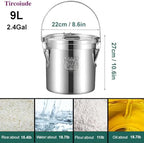 304 Stainless Steel Airtight Canister for Kitchen, 2.4Gal Food Storage Container with Lid and Locking Clamp Metal Bucket for Rice, Flour, Grain, Coffee Bean, Sugar, Cookie 9L (Handheld) - Image 2