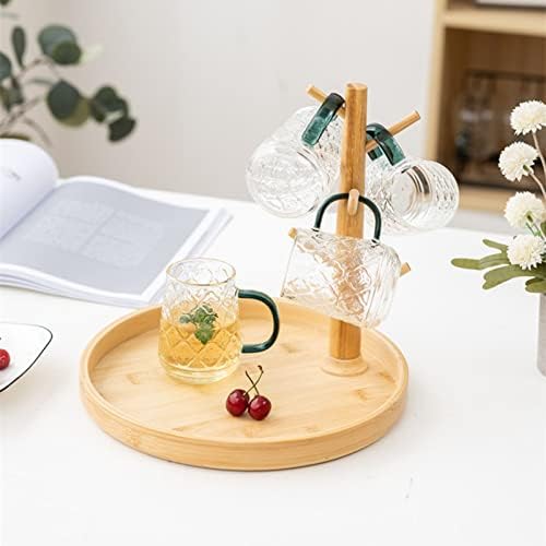 LIU- Bamboo Mug Holder with 6 Hooks,Round Storage Tray for Storing Coffee Pods, Tea Bag and Kettle，Countertop Cups Holder Rack, for Counter Bar - Image 2