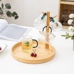 LIU- Bamboo Mug Holder with 6 Hooks,Round Storage Tray for Storing Coffee Pods, Tea Bag and Kettle，Countertop Cups Holder Rack, for Counter Bar - Image 2
