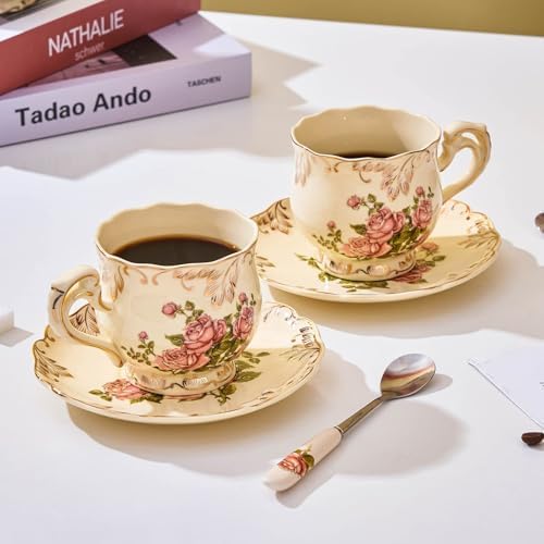 Tea Cups and Saucers Set of 2, 8 Oz (Pink Rose) - Image 4