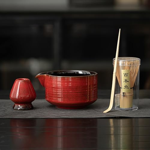 Matcha Blender Set Bamboo Tea Brush Teaspoon Ceramic Tea Bowl Tea Stand Matcha Tool Set Red by POWLAB