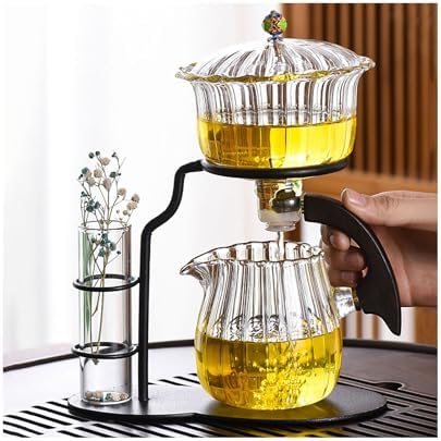 YUDIZWS Lazy Kung Fu Glass Tea Set Semi Automatic Tea Set I Glass Teapot with Infuser for Magnetic Water Flow Wooden Glass Teapot Set Excellent Gift for Tea Lovers,A by YUDIZWS