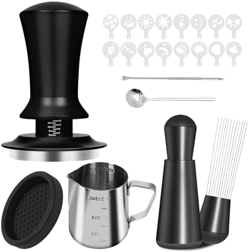 Spring-Loaded Espresso Tamper Set - 6-in-1 Barista Tools with Milk Pitcher, Latte Art Pen/Stencils, Stirring Spoon & Tamper Mat for Home Coffee Lovers (58mm-7set) by Bifrgmy