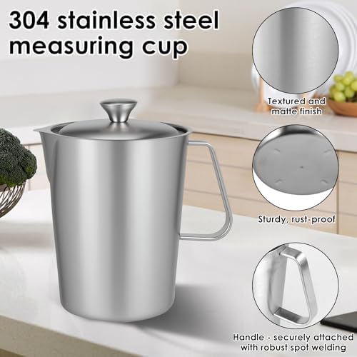 1 Pcs 2L/70 oz Large Stainless Steel Pitcher with Lid, Metal Measuring Cup with Handle & Scales, Wide Mouth Graduated Beakers, Milk Frothing Jug Metal Pitcher for Coffee Latte Art, Hot/Cold Water - Image 3