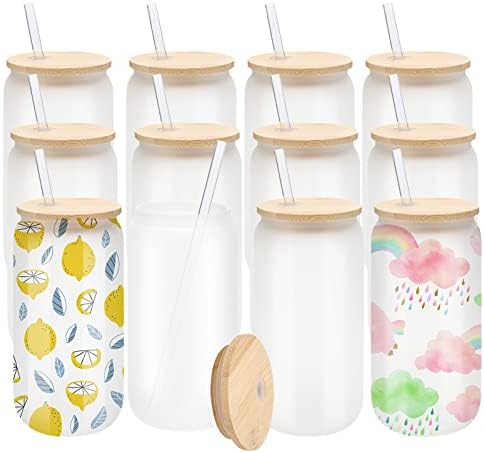 WHEATHUSK 12 Pack Sublimation Glass Cups Frosted 16oz Blanks Beer Can Borosilicate Glasses Tumbler with Bamboo Lids and Straws for Beer, Juice, Soda, Iced Coffee, Drinks by Coloryourlife