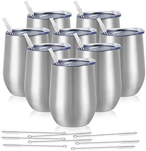 8 Pack 12Oz Stainless Steel Wine Tumblers, Insulated Wine Tumbler, Double Wall Insulated Wine Glass, Stainless Steel Stemless Wine Cups with Lids for Coffee, Wine, Cocktails, Champaign, Silver by Lifecapido