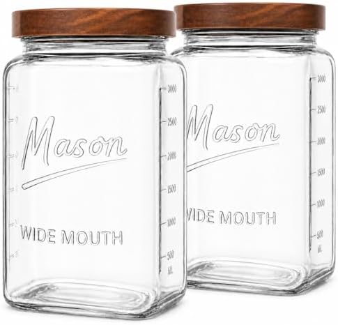 1 Gallon Glass Jars with Wooden Lids - Extra Large Mason Jars Wide Mouth with Airtight Wood Lids - Square Glass Storage Containers with Measurement Markings for Flour, Sugar & Pickling, 2 Pack by KITCHENTOOLZ