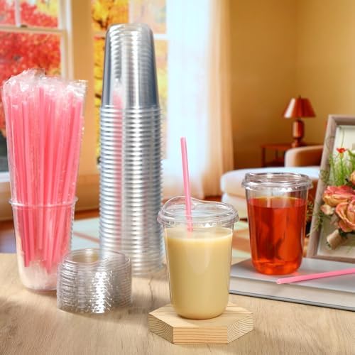 Ziliny 100 Sets Plastic Cups with Pink Heart Straws and Lids, Clear, 16 oz - Image 2