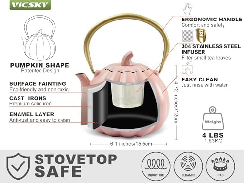 VICSKY Pink Pumpkin Cast Iron Teapot - Cute Tea Kettle Stovetop Safe - Image 3