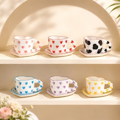 Red Cute Heart Shaped Coffee Mug with Saucer, 260ML Ceramic Tea Cup with Heart Handle, Aesthetic Latte Cappuccino Mug for Coffee Tea, Gift for Women Girls - Image 5