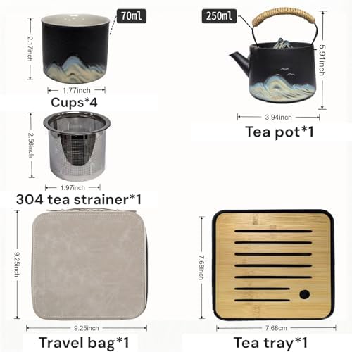 Chinese Tea Set – Black Porcelain Gongfu Teapot with 4 Black Cups & Tea Tray & Tea Strainer, Travel Tea Set with Carrying Case for Tea Ceremony, Daily Tea Ritual, Asian Style Gift - Image 2