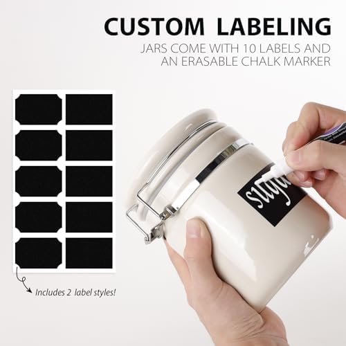 4 Piece Airtight Ceramic Canister Set With Attached Wooden Spoon Reusable Chalk Labels For Dry Goods Sugar Coffee Tea Kitchen Storage Use (Cream) - Image 3