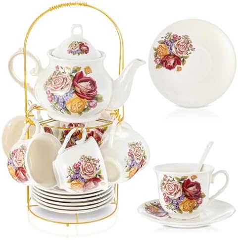 Zhehao 20 Pcs Porcelain Tea Set for Adult, with Metal Holder, Groovy by Zhehao