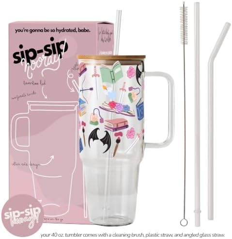 Sip-Sip Hooray! Bat Fantasy Bookish 40oz Glass Tumbler with Handle, Lid and Straw, Romantasy Fae Reader Iced Coffee Cup, Bat Wings Roses Daggers Book Lover Tumbler - Image 2