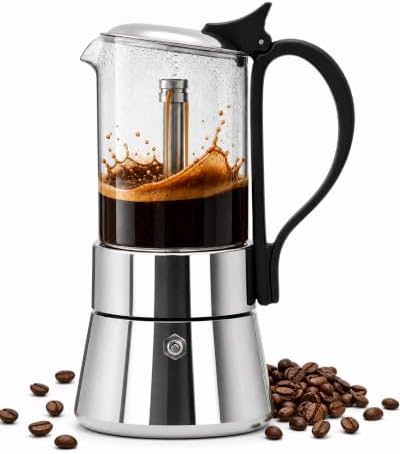 5 Cup Glass Moka Pot 10 oz, Stovetop Espresso Maker, Visible Borosilicate Glass Top & Stainless Steel, Secure Handle, Induction Gas Electric, Portable by Unknown