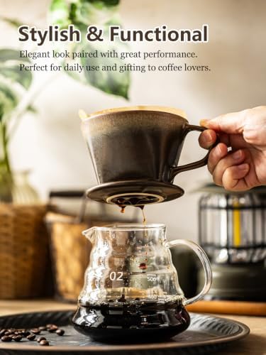 Gomakren 6 Ounce Cappuccino Cups Set of 4 with Saucers & Metal Rack & Pour Over Coffee Maker 3 Hole Cone Brewer, Ceramic Coffee Dripper - Image 5