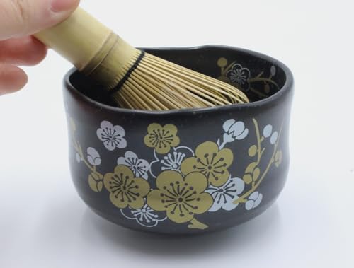 Japanese Traditional Mino Ware Handcrafted Mini Matcha Chawan Tea Bowl Cup Set With Chasen Bamboo Tea Whisk Ceremony Tableware Pottery (Tenmoku Ume) - Image 2