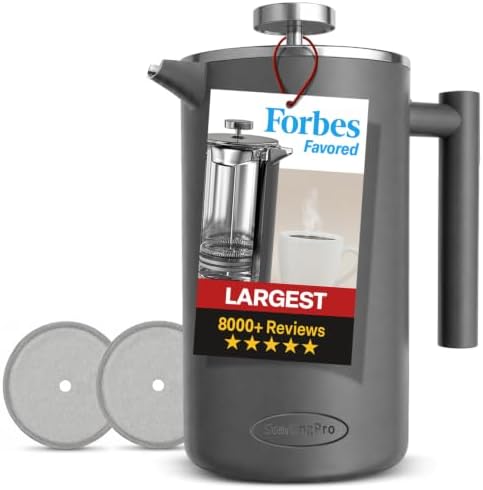 SterlingPro 1.75 L 59 oz Grey Extra Large French Press Coffee Maker and 2 Pack Replacement Screens Bundle Stainless Steel Double Wall Insulated for Tea and Coffee by SterlingPro