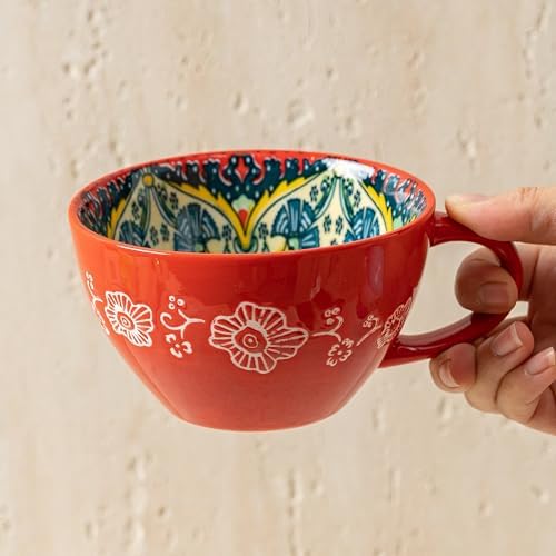 Boho Coffee Mug Set of 4 with Coffee Spoon, Ceramic Large Cups 15 oz/ 450ml, Porcelain Cups for Latte, Tea, Cappuccino, Cocoa, Soup, Dishwasher Microwave Safe, Gift Set Bohemian Style - Image 5