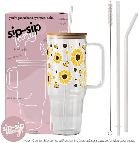 Sip-Sip Hooray! Sunflower 40oz Glass Tumbler with Lid and Straw, Floral Iced Coffee Cup, Summer Flower Gift for Women - Image 4