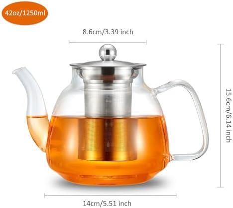 42oz/1250ml Glass Tea Kettle，Glass Teapot with Removable Stainless Steel Infuser, for Blooming and Loose Leaf Tea, Stovetop & Microwave Safe Tea Pot, Tea Maker's Choice - Image 4
