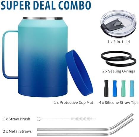 32/50 oz Travel Coffee Mug Tumbler - w/Handle and Straw, 32oz Stainless Steel Mugs with Lid, Insulated Tumblers Cup Keep Cold-36H Hot-24H, Reusable Home Office Work Wide Mouth Water Bottle - Image 6