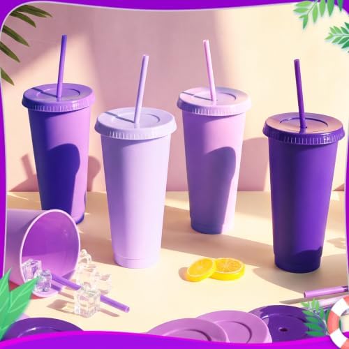 24 Pack Plastic Tumblers with Lids and Straws, Reusable Cups with Lids Plastic Colorful Cups for Parties Birthdays, Iced Coffee Cup Cold Drink Cups Bulk Tumblers (24 oz, Gradient Purple Colors) - Image 3