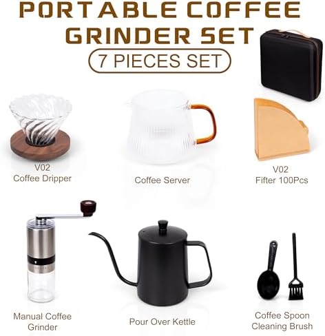 Outdoor Travel Coffee Gift Set with Goose Neck Kettle Glass Server Manual Grinder Glass Dipper 100 pcs Paper Filter and Scope for Drip - Image 3