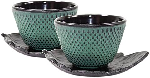 2 Sado Black Leaf Teacup Saucer+2 Green Polka Dot Hobnail Japanese Cast Iron Tea Cup Teacup by Unknown