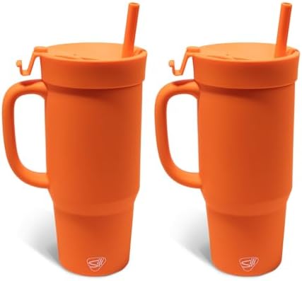 Silipint 32oz Silicone Humbler Tumbler with Handle, Flip Lid and Straw – BPA-Free, Non-Toxic, Unbreakable, Microwave, Dishwasher Safe – Perfect for Tea, Cold Water, Classic Orange - Pack of 2 by Silipint