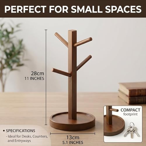 Sturdy Bamboo Mug Tree with Drip Tray, 4 Arm Rotating Cup Holder for Espresso & Cappuccino Cups, Compact Organizer for Home or Office, 11in - Image 2