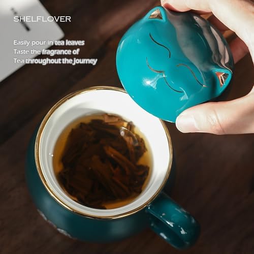SHELFLOVER Beautiful Tea Mug Portable Set, White Porcelain Easy to Clean Keep Tea Hot Long, Easy Carried Travel/Office/Home Drink, Cute Cat, Green, 10oz - Image 4