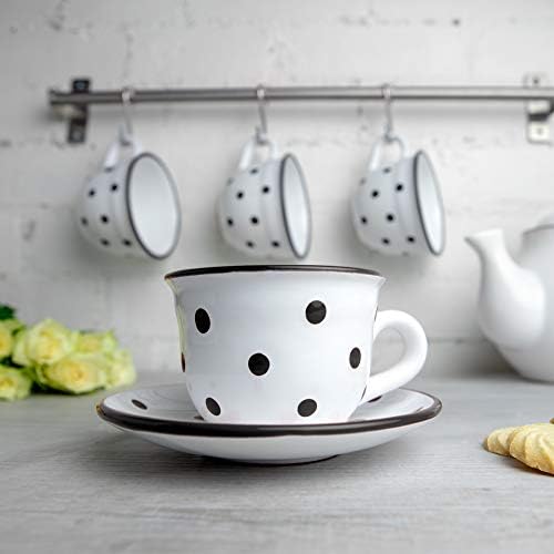 City to Cottage Handmade White And Black Polka Dot Ceramic 8.4oz/250ml | Cappuccino, Coffee, Tea Cup and Saucer, Unique Designer Pottery for Tea Lovers - Image 2