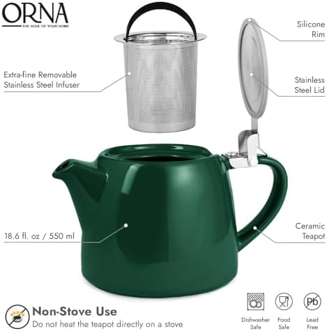 ORNA Ceramic Teapot with Tea Infuser – Small Tea Pot for Loose Leaf Tea – 550ml / 18.6 Oz Porcelain Teapot for 2 Cups with Tea Strainer (Forest Green) - Image 3