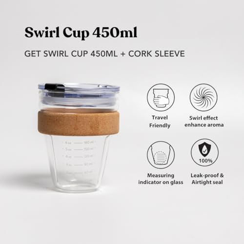 SWANZ Glass Swirl Cup 15oz with Cork Band & Lid – Coffee, Tea & Iced Drinks - Image 2