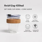 SWANZ Glass Swirl Cup 15oz with Cork Band & Lid – Coffee, Tea & Iced Drinks - Image 2