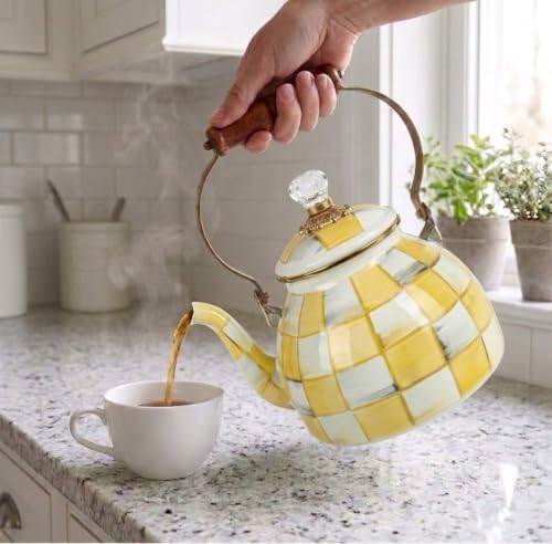 Checkered Tea Kettle for Checkered Kitchen Decor - Yellow and White Tea Kettle for Stovetop - Stylish Enamel Teapot with Wooden Handle - Vintage Classic Teapot with Elegant Lid & Knob- 2.5 Quart - Image 4