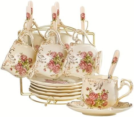 Tea Cups and Saucers Set of 6, 8 Oz Ivory Porcelain Teacups with Pink Rose Floral Pattern, Trim Vintage European Style Teacup Sets with Spoons for Afternoon Tea & Home Entertaining by Unknown