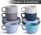 MIAMIO - 6 x 2.5 oz Stoneware Espresso Mug, Cup Set Modern with Stand and Saucers - Palmanova Collection (Ocean Blue) - Image 3