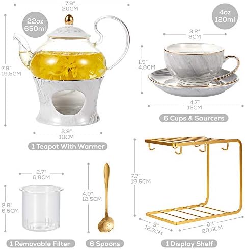 DUJUST 21 pcs Small Tea Set of 6, Gray Marble Texture with Handcraft Golden Trim, Fine Porcelain Tea pot Set for Kids&Adults, 1 Glass Teapot(22oz), 6 Cups(4oz), 6 Saucers, 6 Spoons, 1 Shelf&1 Warmer… - Image 5