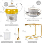 DUJUST 21 pcs Small Tea Set of 6, Gray Marble Texture with Handcraft Golden Trim, Fine Porcelain Tea pot Set for Kids&Adults, 1 Glass Teapot(22oz), 6 Cups(4oz), 6 Saucers, 6 Spoons, 1 Shelf&1 Warmer… - Image 5