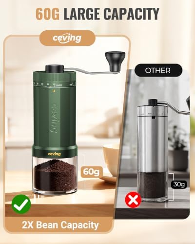 CEVING Manual Coffee Grinder with 90 External Settings, 60g Capacity, Green - Image 4
