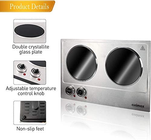 CUSIMAX 1800W Ceramic Electric Hot Plate for Cooking, Double Burner, Silver - Image 2